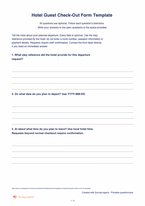 First page of the printable Hotel Guest Check-Out Form Template with questions and answer spaces