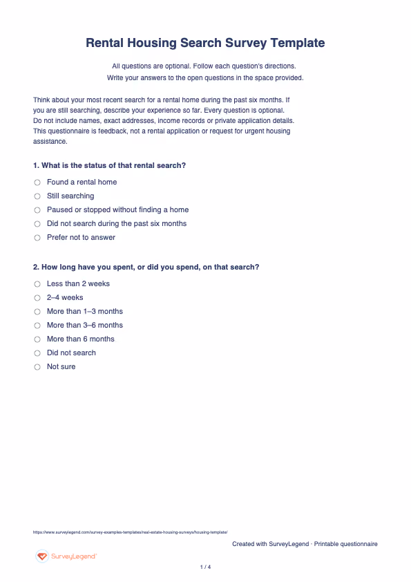 First page of the printable Rental Housing Search Survey Template with questions and answer spaces