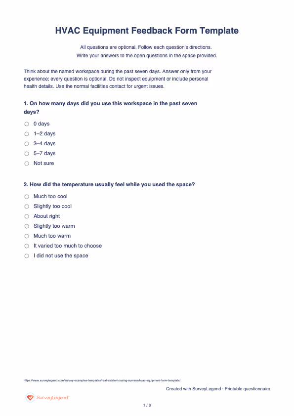 First page of the printable HVAC Equipment Feedback Form Template with questions and answer spaces