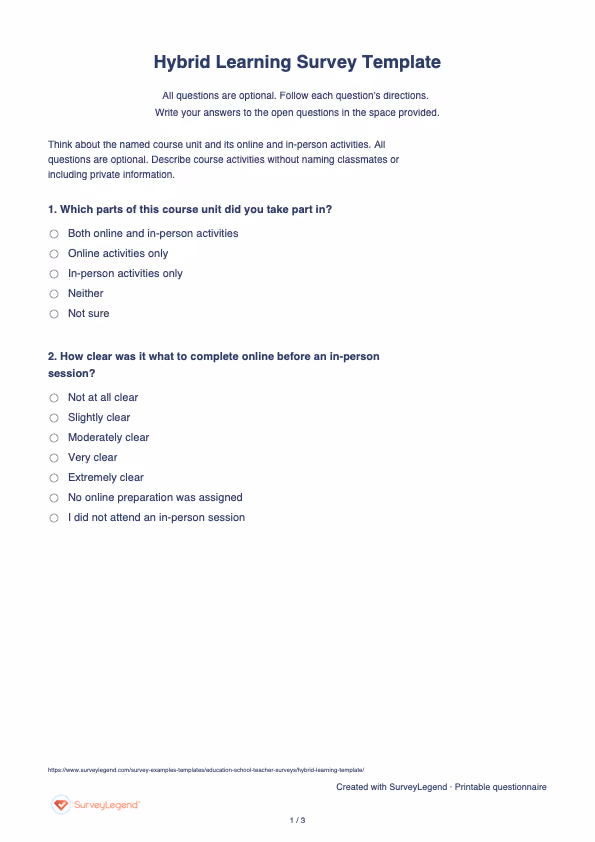 First page of the printable Hybrid Learning Survey Template with questions and answer spaces