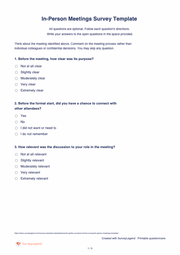 First page of the printable In-Person Meetings Survey Template with questions and answer spaces