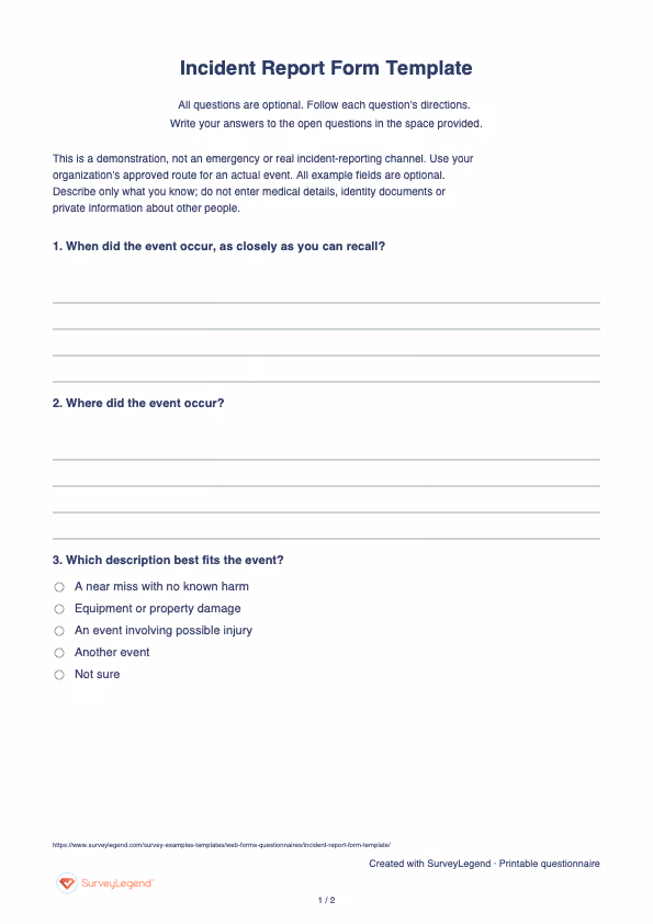 First page of the printable Incident Report Form Template with questions and answer spaces