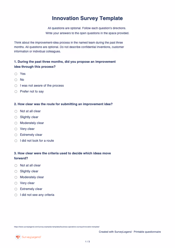 First page of the printable Innovation Survey Template with questions and answer spaces