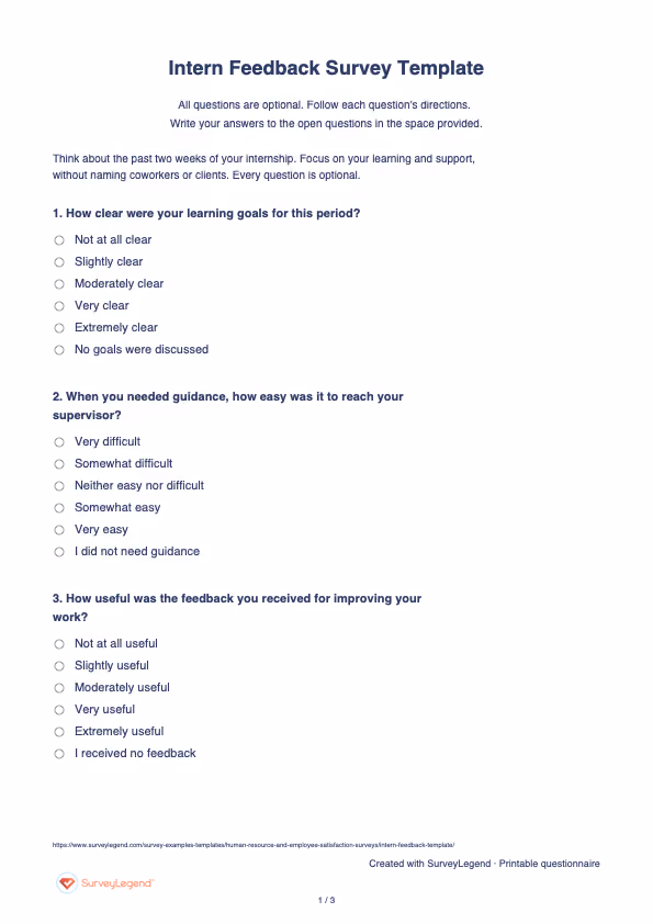 First page of the printable Intern Feedback Survey Template with questions and answer spaces