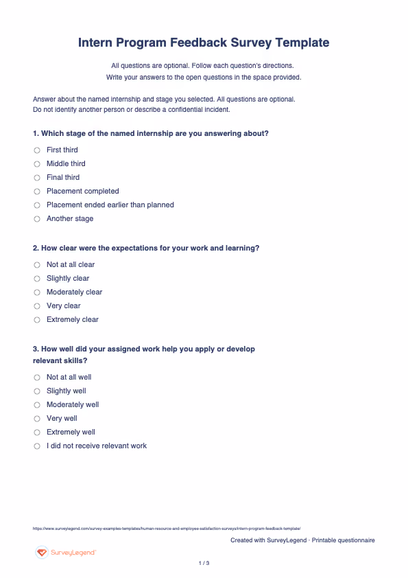 First page of the printable Intern Program Feedback Survey Template with questions and answer spaces