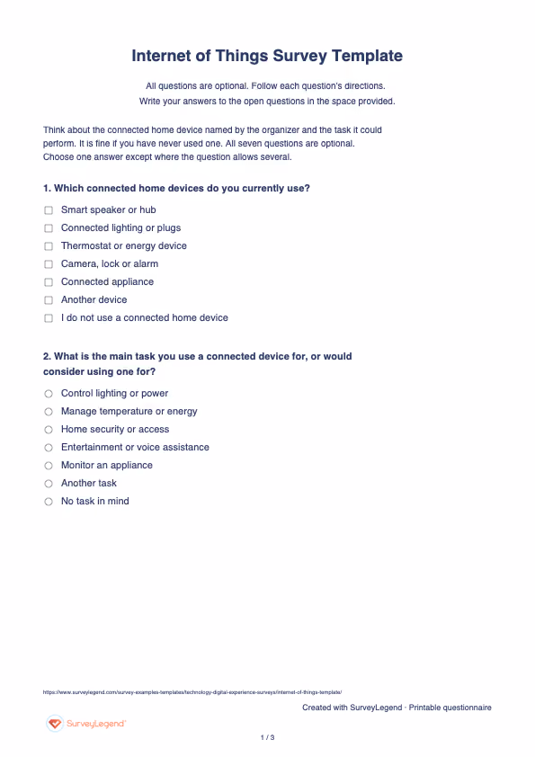 First page of the printable Internet of Things Survey Template with questions and answer spaces