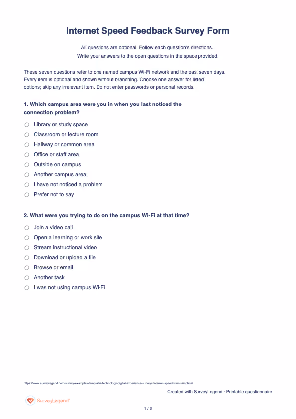 First page of the printable Internet Speed Feedback Survey Form with questions and answer spaces