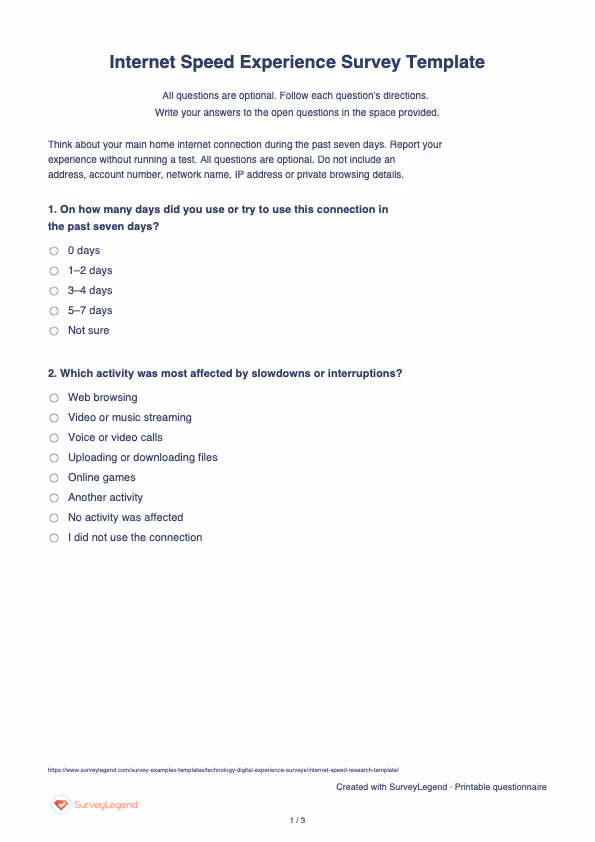 First page of the printable Internet Speed Experience Survey Template with questions and answer spaces