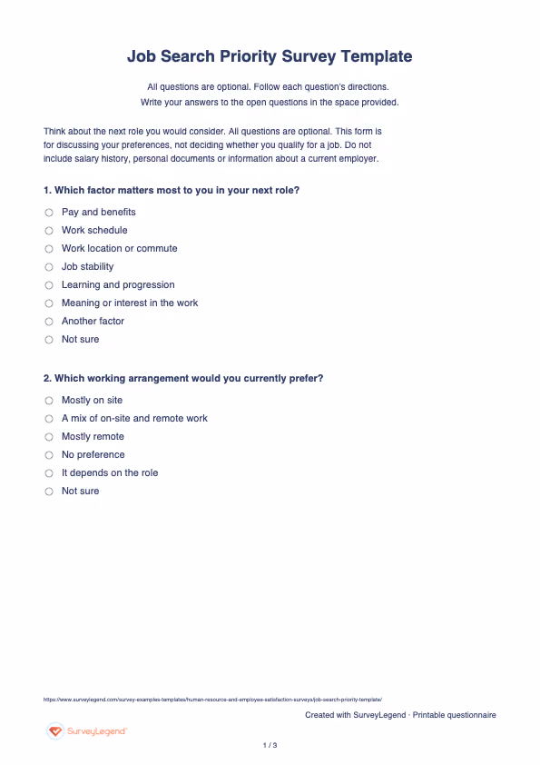 First page of the printable Job Search Priority Survey Template with questions and answer spaces