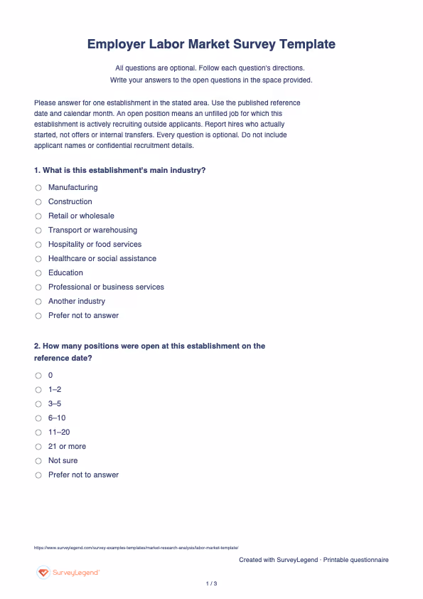 First page of the printable Employer Labor Market Survey Template with questions and answer spaces