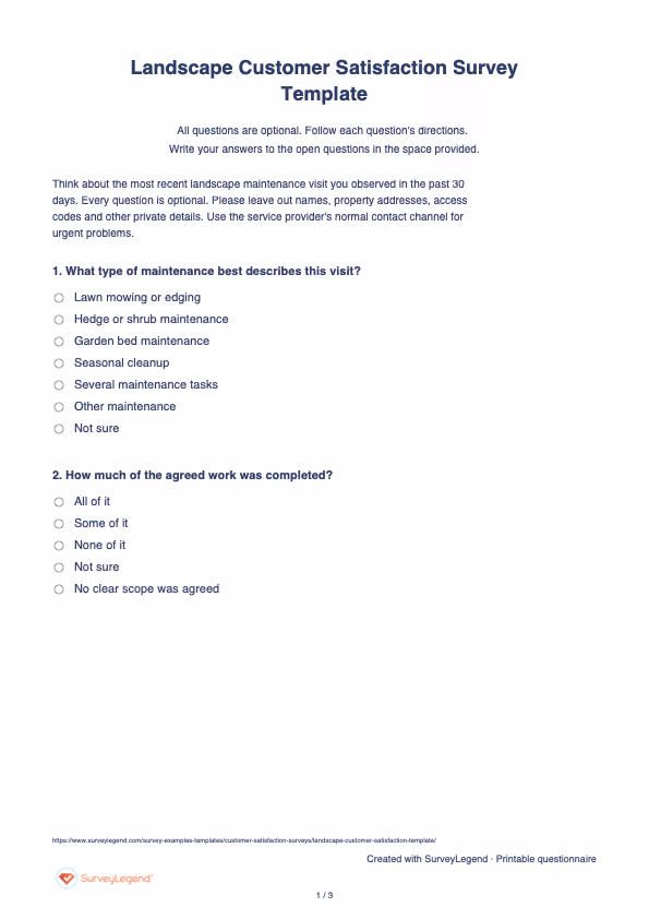 First page of the printable Landscape Customer Satisfaction Survey Template with questions and answer spaces