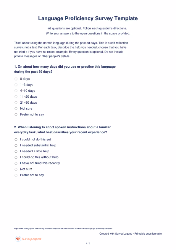 First page of the printable Language Proficiency Survey Template with questions and answer spaces
