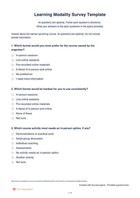 First page of the printable Learning Modality Survey Template with questions and answer spaces