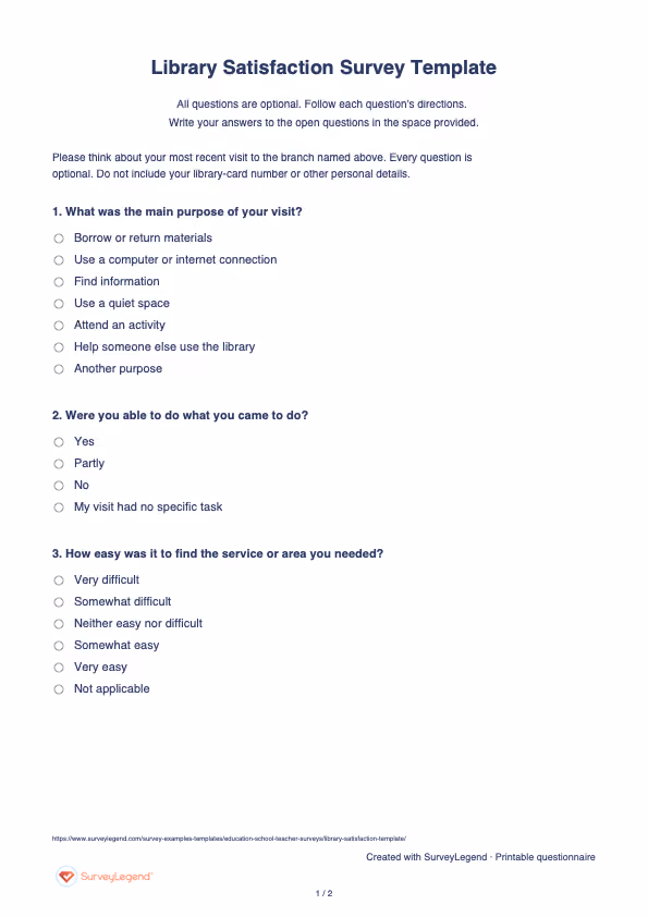 First page of the printable Library Satisfaction Survey Template with questions and answer spaces