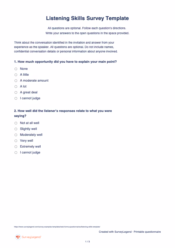 First page of the printable Listening Skills Survey Template with questions and answer spaces