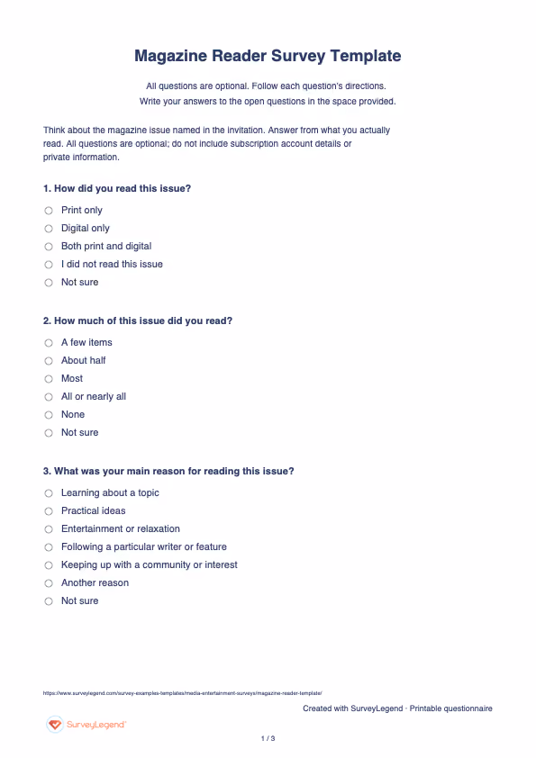 First page of the printable Magazine Reader Survey Template with questions and answer spaces