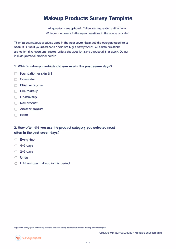 First page of the printable Makeup Products Survey Template with questions and answer spaces
