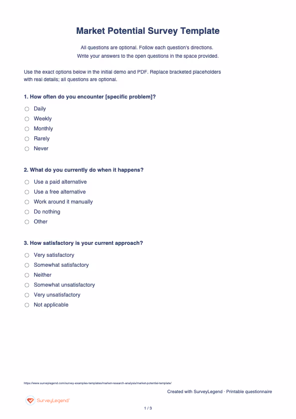 First page of the printable Market Potential Survey Template with questions and answer spaces