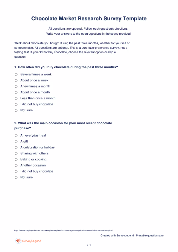 First page of the printable Chocolate Market Research Survey Template with questions and answer spaces