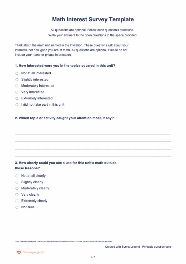 First page of the printable Math Interest Survey Template with questions and answer spaces