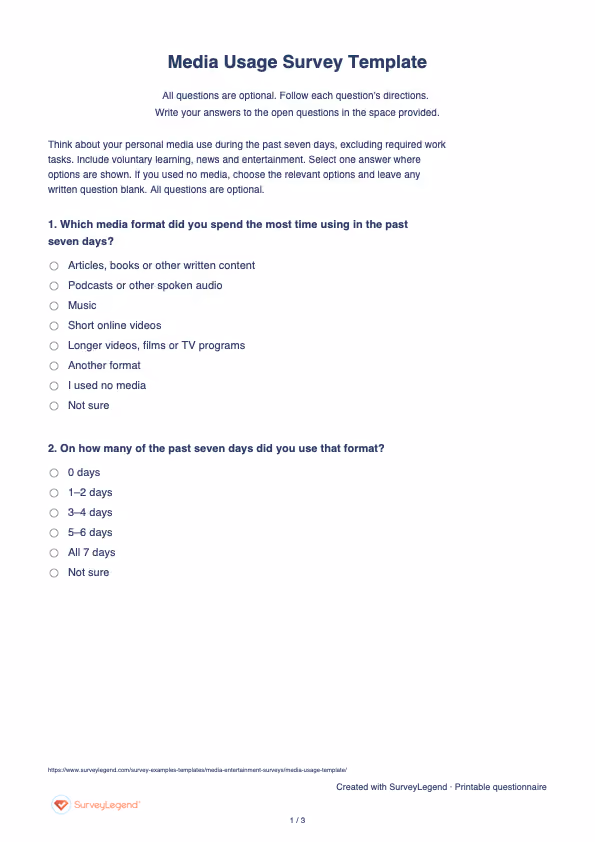 First page of the printable Media Usage Survey Template with questions and answer spaces
