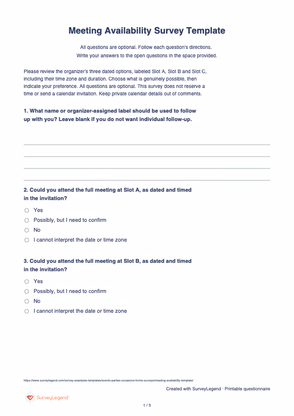 First page of the printable Meeting Availability Survey Template with questions and answer spaces
