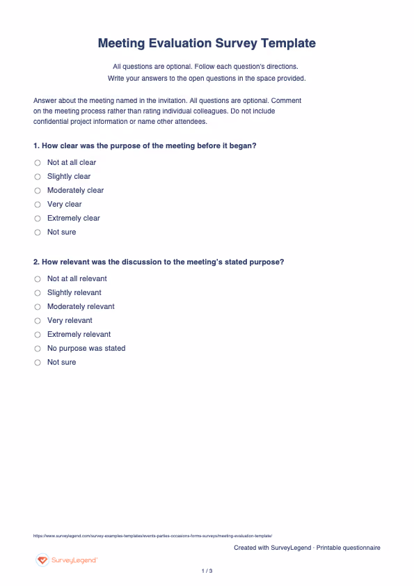 First page of the printable Meeting Evaluation Survey Template with questions and answer spaces