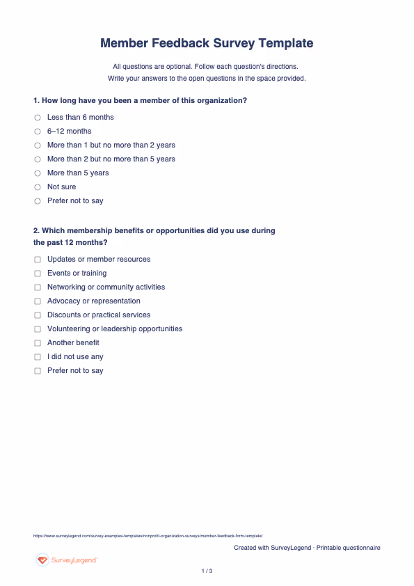 First page of the printable Member Feedback Survey Template with questions and answer spaces