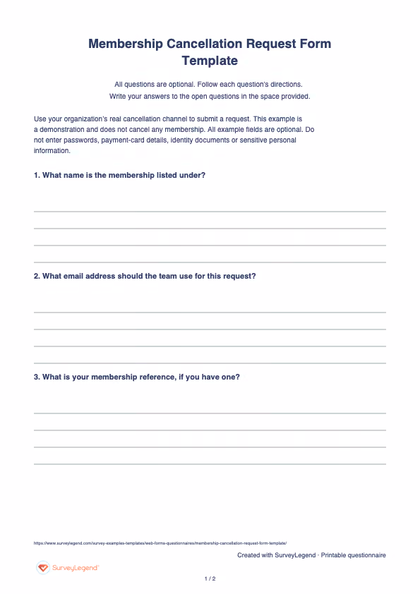 First page of the printable Membership Cancellation Request Form Template with questions and answer spaces