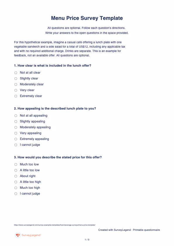 First page of the printable Menu Price Survey Template with questions and answer spaces