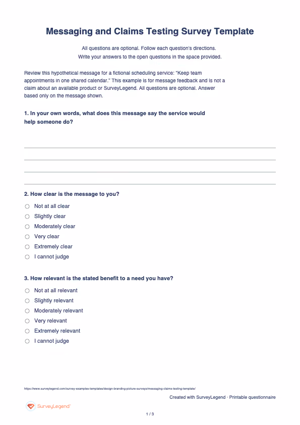 First page of the printable Messaging and Claims Testing Survey Template with questions and answer spaces