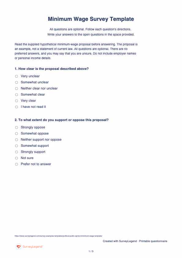 First page of the printable Minimum Wage Survey Template with questions and answer spaces
