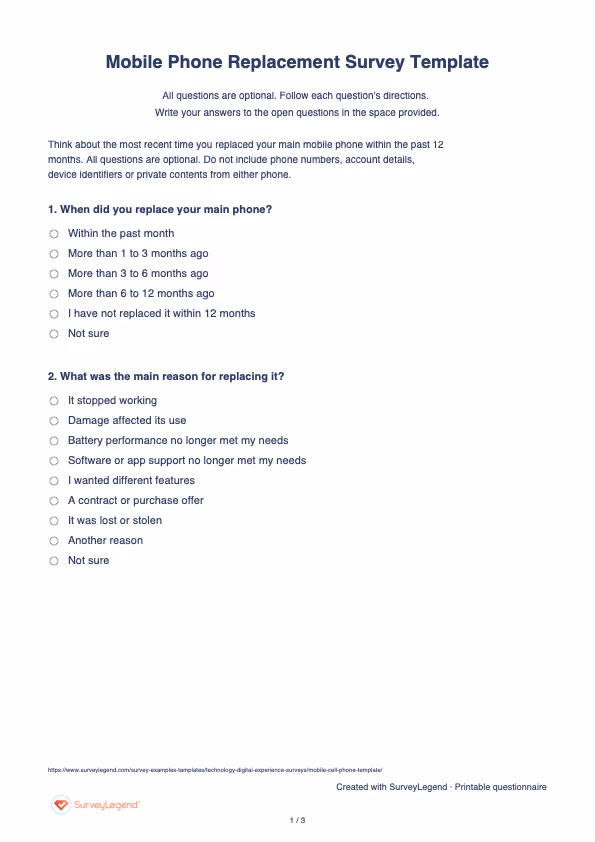 First page of the printable Mobile Phone Replacement Survey Template with questions and answer spaces