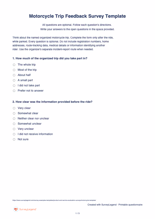 First page of the printable Motorcycle Trip Feedback Survey Template with questions and answer spaces