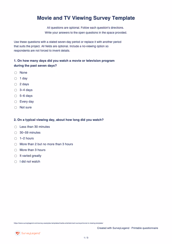 First page of the printable Movie and TV Viewing Survey Template with questions and answer spaces