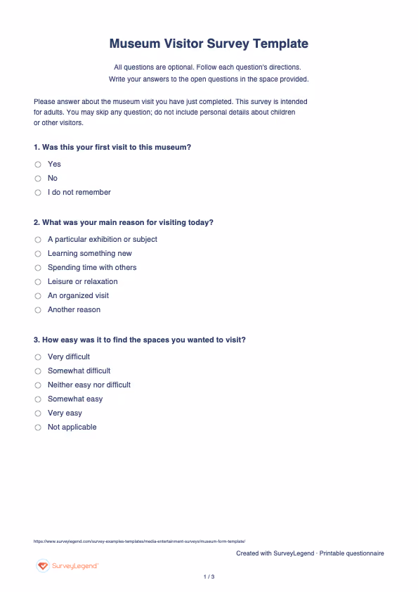 First page of the printable Museum Visitor Survey Template with questions and answer spaces