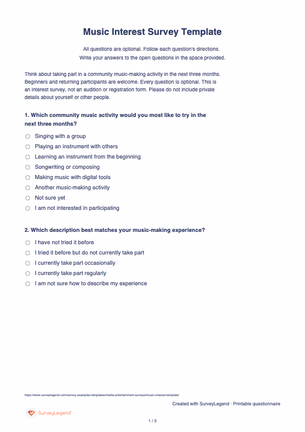 First page of the printable Music Interest Survey Template with questions and answer spaces