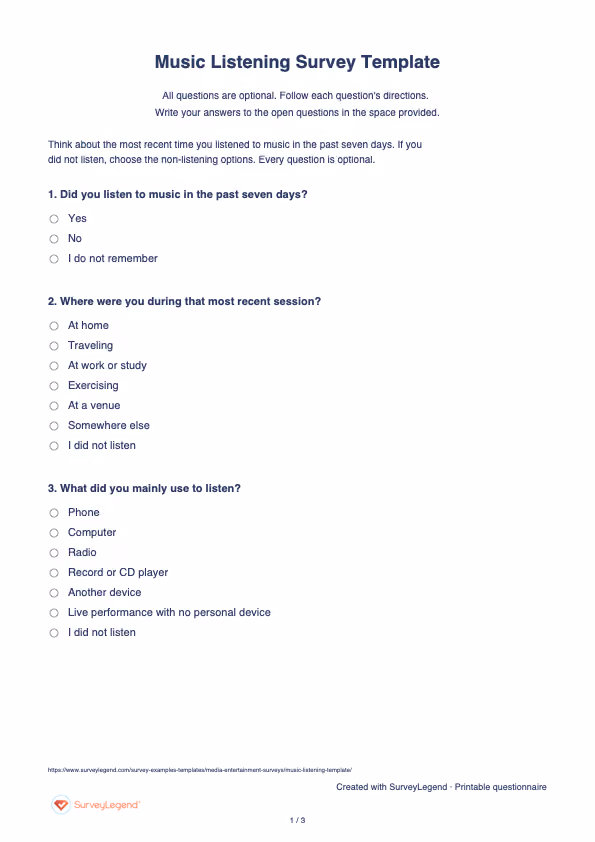 First page of the printable Music Listening Survey Template with questions and answer spaces