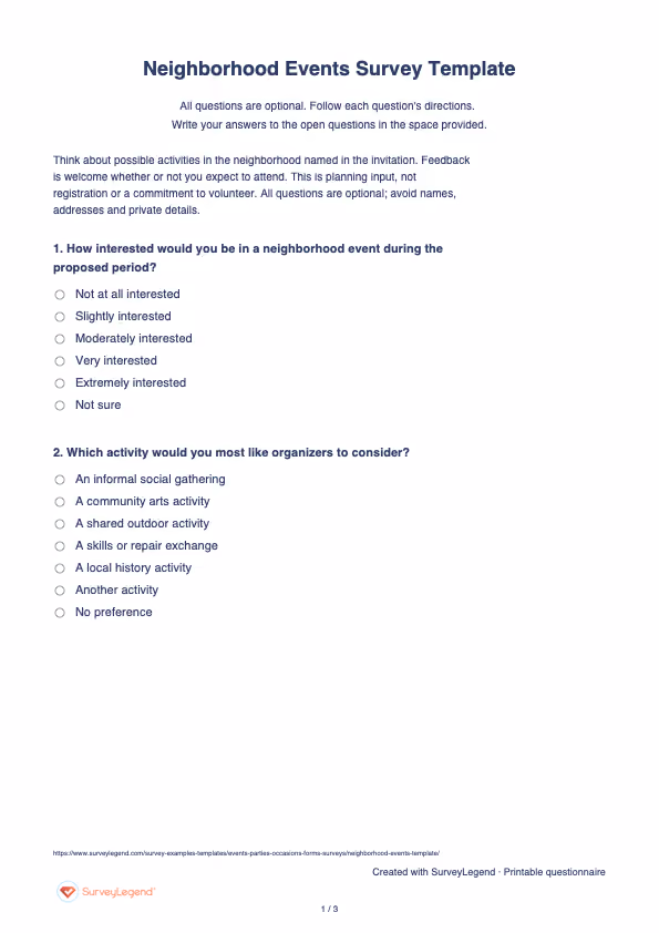 First page of the printable Neighborhood Events Survey Template with questions and answer spaces