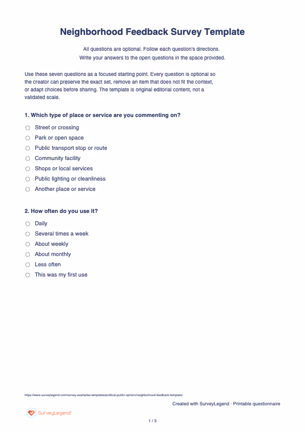 First page of the printable Neighborhood Feedback Survey Template with questions and answer spaces