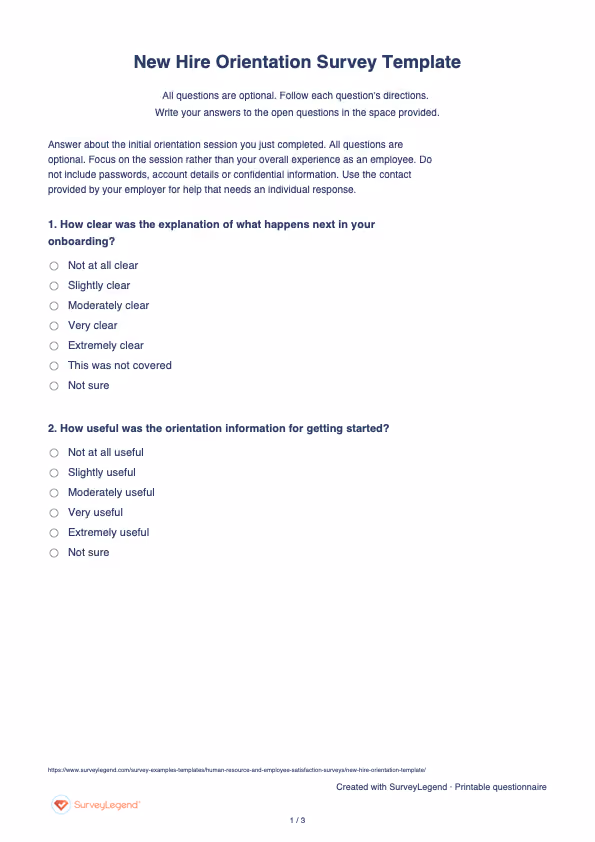 First page of the printable New Hire Orientation Survey Template with questions and answer spaces