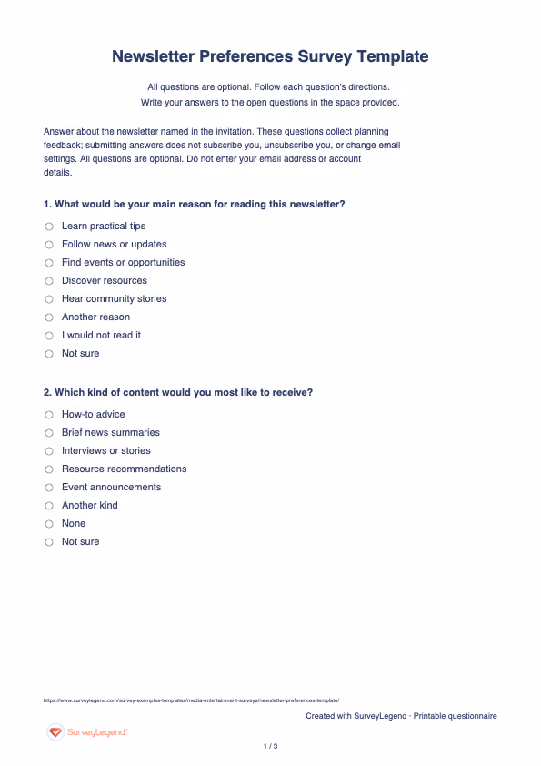 First page of the printable Newsletter Preferences Survey Template with questions and answer spaces