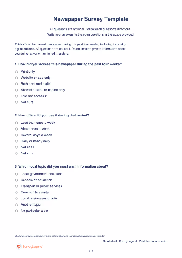 First page of the printable Newspaper Survey Template with questions and answer spaces