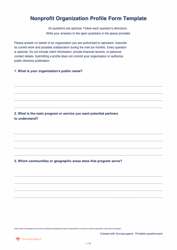 First page of the printable Nonprofit Organization Profile Form Template with questions and answer spaces