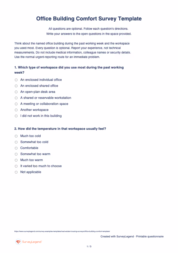 First page of the printable Office Building Comfort Survey Template with questions and answer spaces