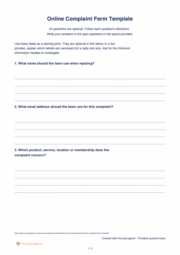 First page of the printable Online Complaint Form Template with questions and answer spaces