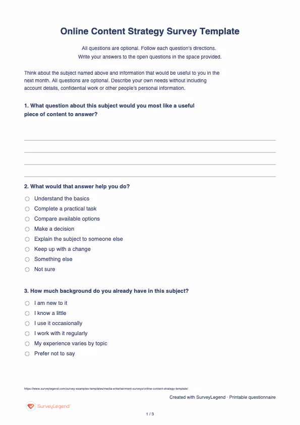 First page of the printable Online Content Strategy Survey Template with questions and answer spaces