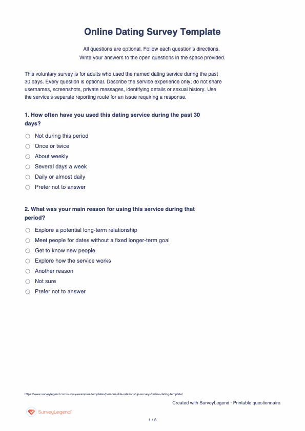 First page of the printable Online Dating Survey Template with questions and answer spaces