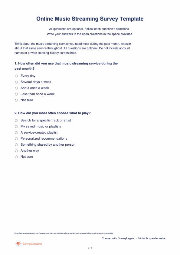 First page of the printable Online Music Streaming Survey Template with questions and answer spaces