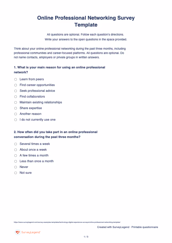 First page of the printable Online Professional Networking Survey Template with questions and answer spaces